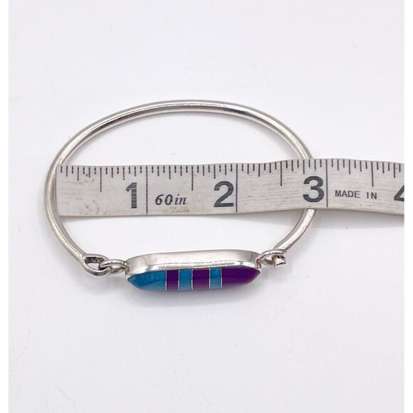 VTG 925 Sterling Silver Turquoise & Sugilite Inlay Hinged Bangle Bracelet Mexico - Picture 8 of 12